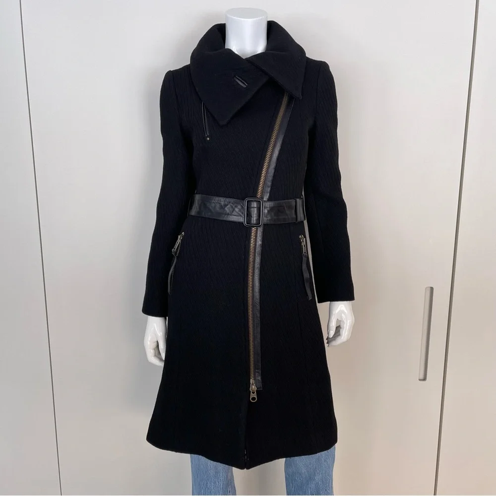 MACKAGE Funnel Neck Asymmetrical Zip Belted Wool Coat in Black - Picture 3 of 12